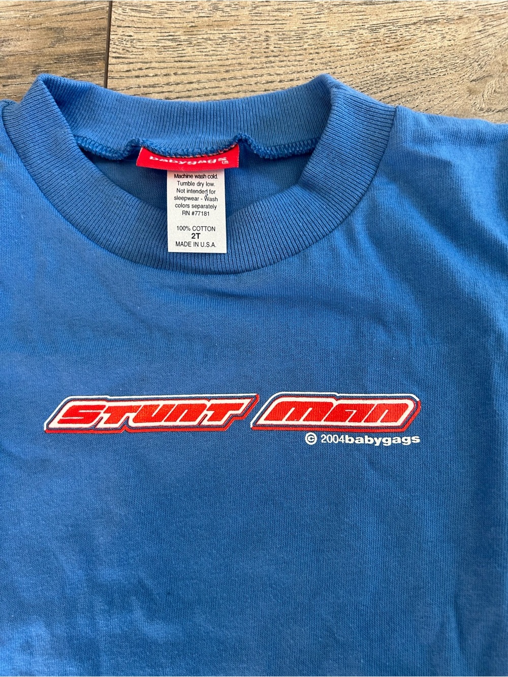 Vintage Kids Y2K Stunt Man Blue and Red Tee 2000s Babygags Cotton Shirt Toddler